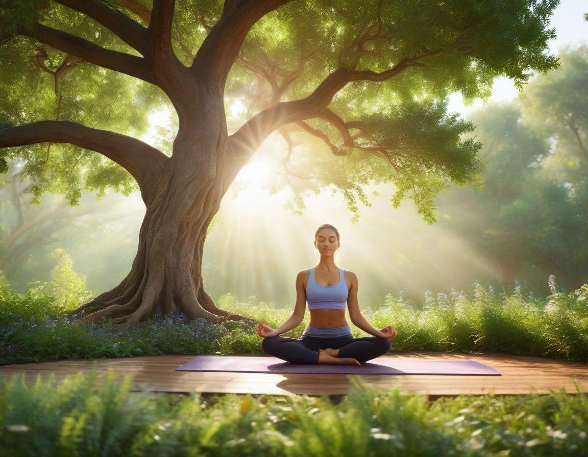 A serene nature scene depicting a peaceful person practicing yoga under a vibrant tree, surrounded by lush greenery and soft sunlight filtering through the leaves. In the foreground, an array of organic herbs and essential oils is displayed, symbolizing holistic health. The atmosphere conveys tranquility and empowerment, inviting the viewer to embrace wellness. vibrant colors. super-realistic.