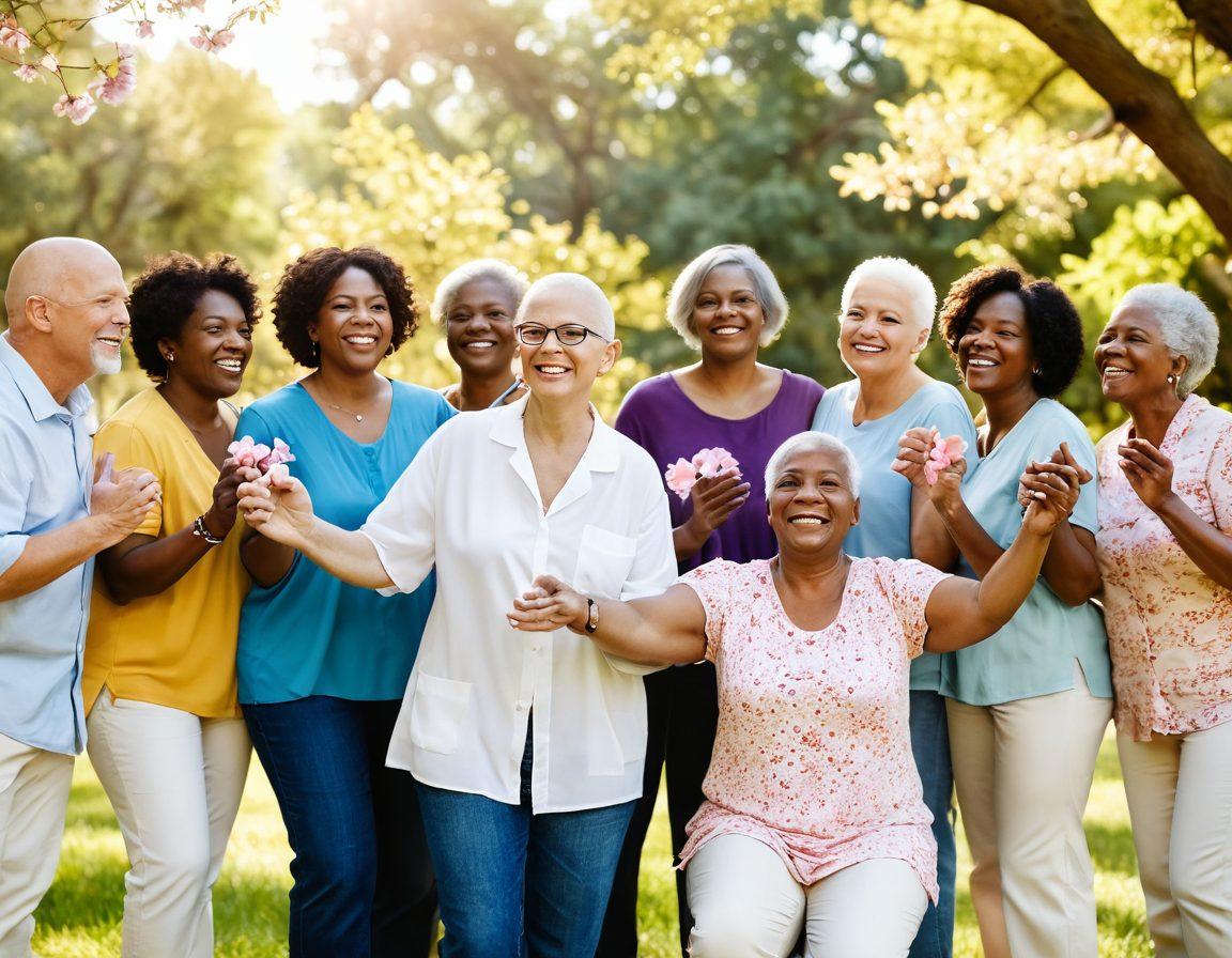 A diverse group of cancer survivors sharing their stories, radiating hope and resilience. The background features a warm, sunlit park setting, with blooming flowers symbolizing renewal. Each person showcases unique expressions of strength and joy, holding hands in solidarity. Incorporate butterflies fluttering around, representing transformation and new beginnings. soft focus, warm colors, uplifting atmosphere.
